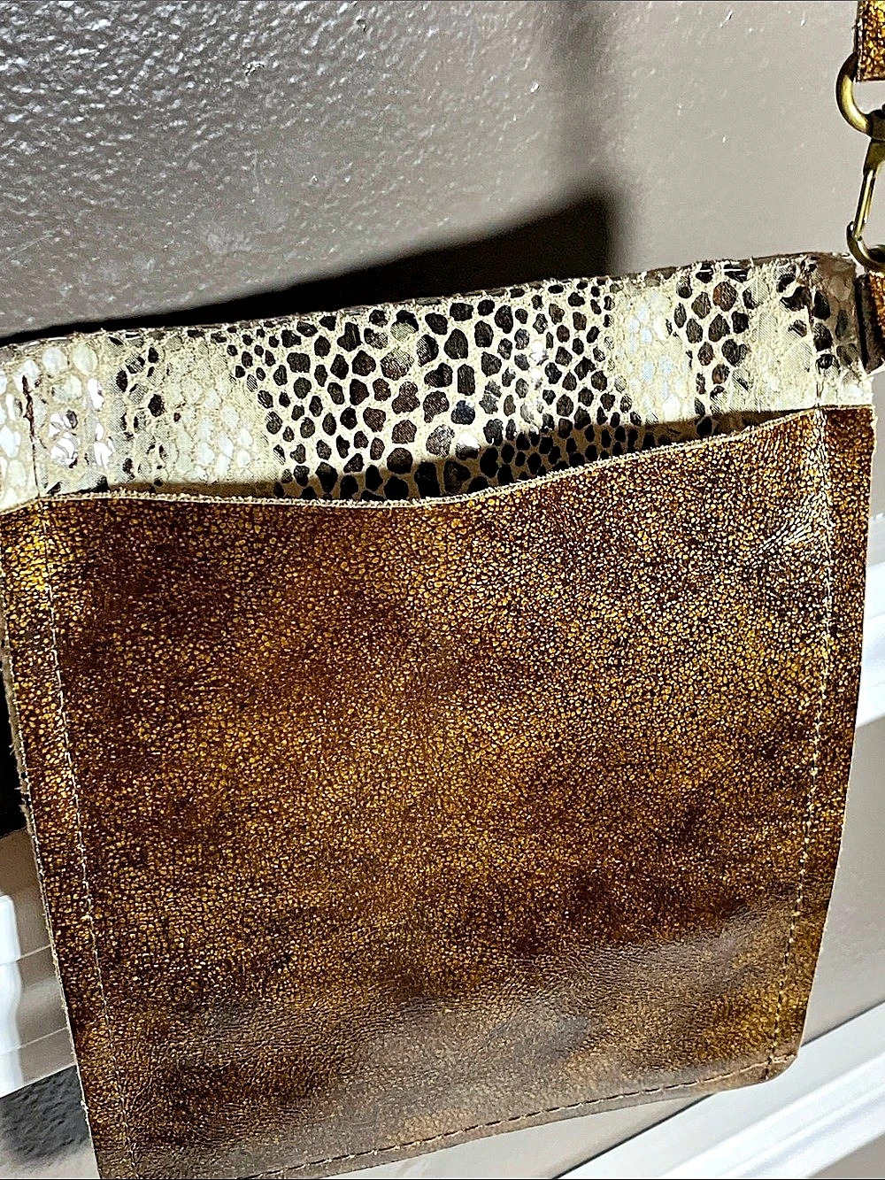 Double Pocket Animal Print Crossbody Bag in Gold, Brown & Cream - Picture 4 of 9